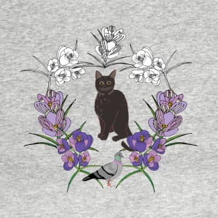 Black cat floral pigeon T-Shirt